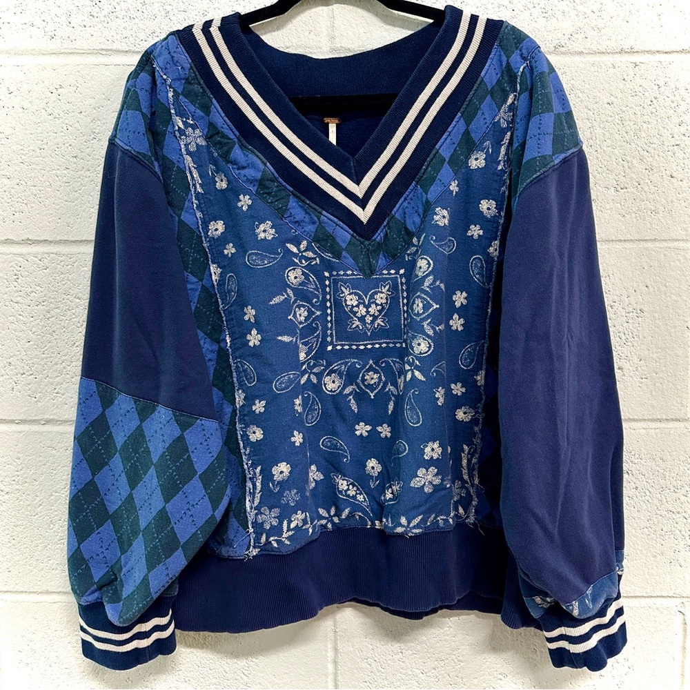 Free People Blue Patchwork V‑Neck Sweatshirt